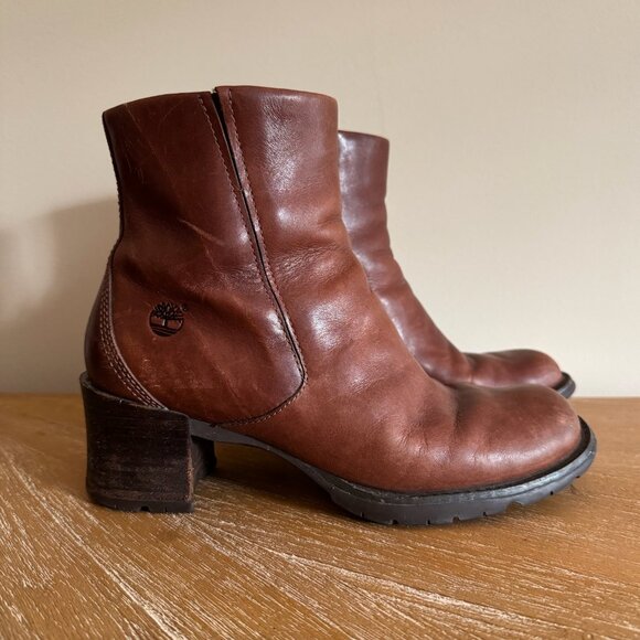 Timberland Genuine Leather Boots Block Heel Booties Distressed Tan Brown 7.5 - Picture 1 of 12